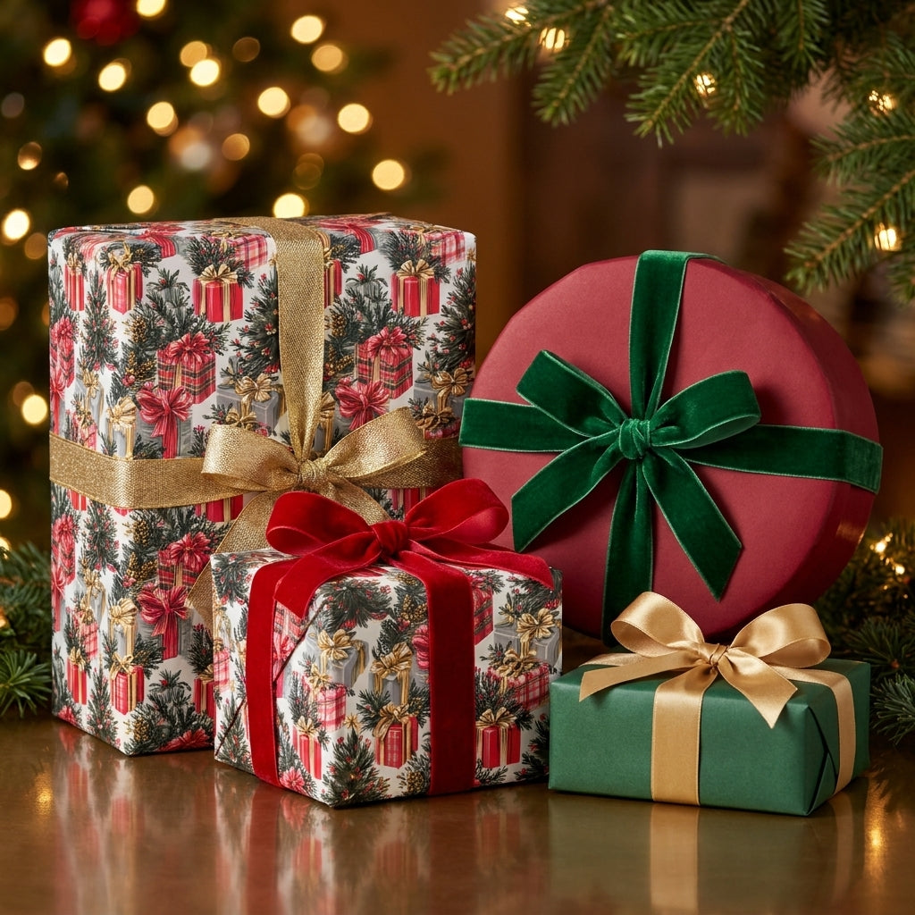 Luxury Christmas wrapping paper with vintage holiday patterns and velvet bows by Wrapped Studios.