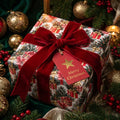 Luxury Christmas wrapping paper with a red velvet bow on a festive gift box by Wrapped Studios.