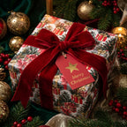 Luxury Christmas wrapping paper with a red velvet bow on a festive gift box by Wrapped Studios.