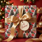 Luxury Christmas wrapping paper with tree print, gold bow, and No Peeking tag by Wrapped Studios.
