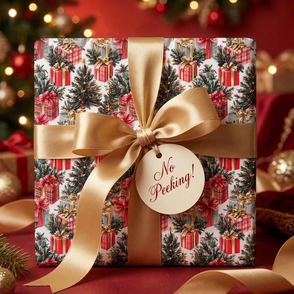 Luxury Christmas wrapping paper with tree print, gold bow, and No Peeking tag by Wrapped Studios.