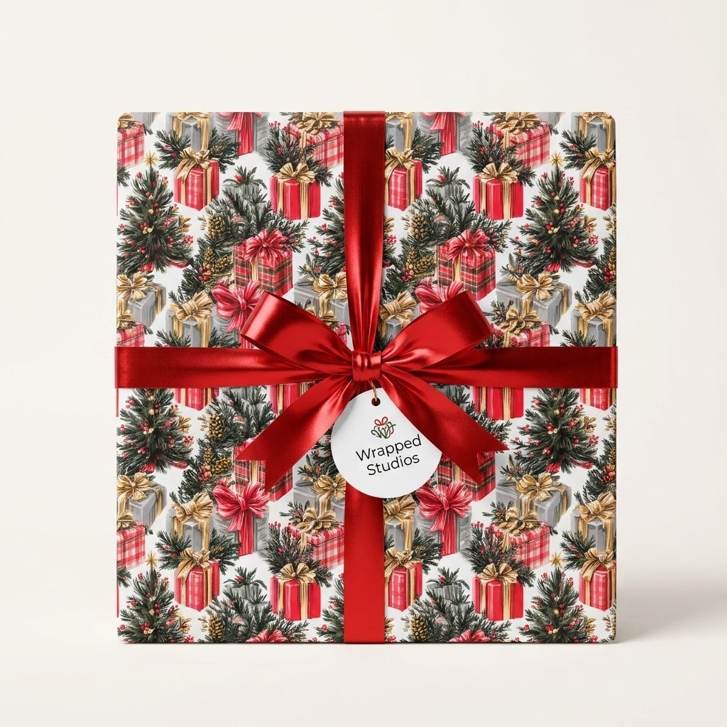 Christmas wrapping paper with festive tree print, tied in a red satin bow by Wrapped Studios.