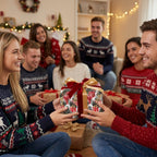 Friends exchanging presents in festive Christmas gift wrap with red velvet bow by Wrapped Studios.