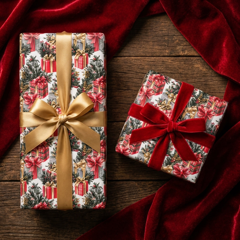 Luxury Christmas gift wrap with gold and red velvet bows on wood background by Wrapped Studios.