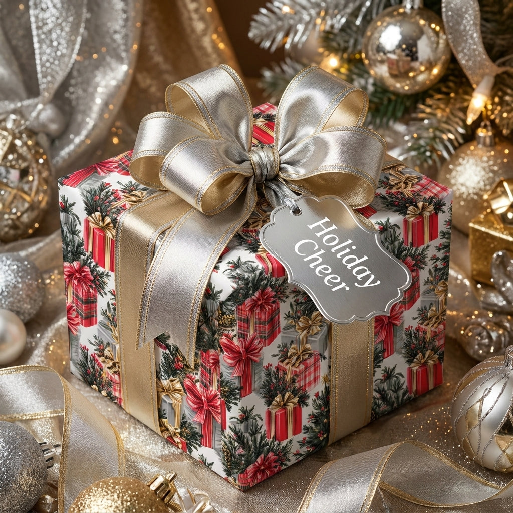 Luxury Christmas wrapping paper featuring a festive holiday pattern and silver bow by Wrapped Studios.