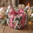 Luxury Christmas wrapping paper with tree print and pink plaid bow by Wrapped Studios.