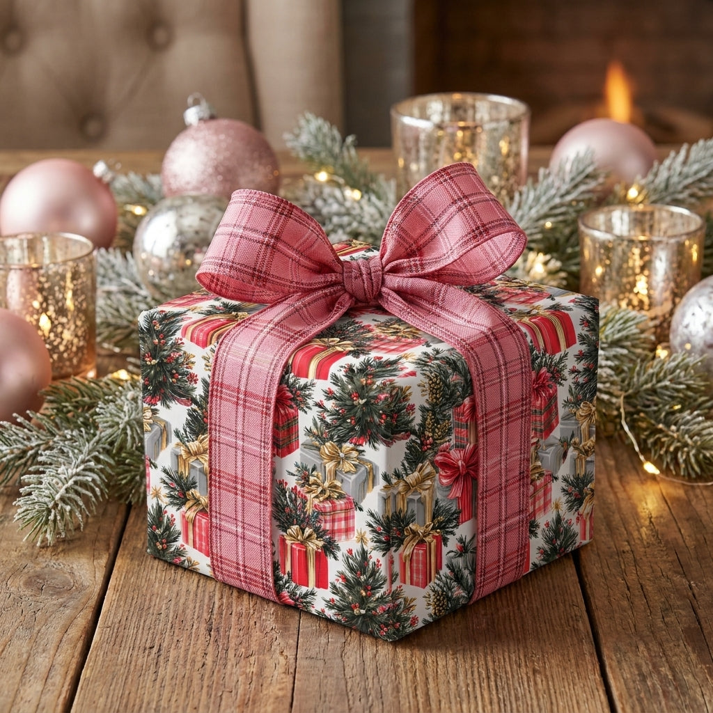 Luxury Christmas wrapping paper with tree print and pink plaid bow by Wrapped Studios.