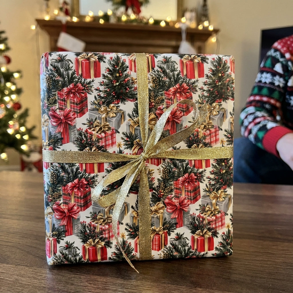 Vintage Christmas wrapping paper with festive tree pattern and gold ribbon by Wrapped Studios.