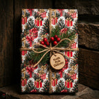 Rustic Christmas wrapping paper with holiday gift pattern, twine bow, and wooden tag by Wrapped Studios.