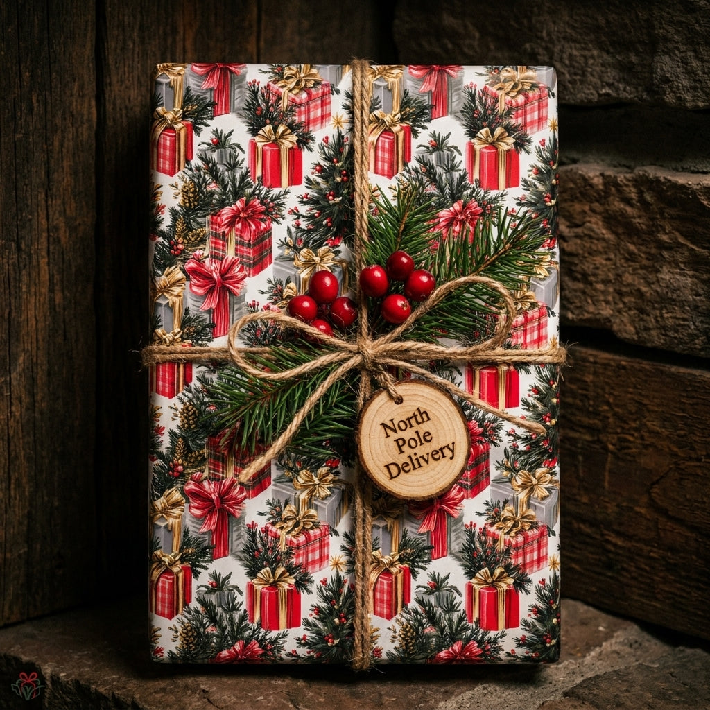 Rustic Christmas wrapping paper with holiday gift pattern, twine bow, and wooden tag by Wrapped Studios.