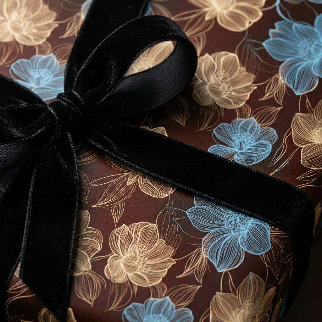 Elegant floral wrapping paper with a black velvet ribbon.