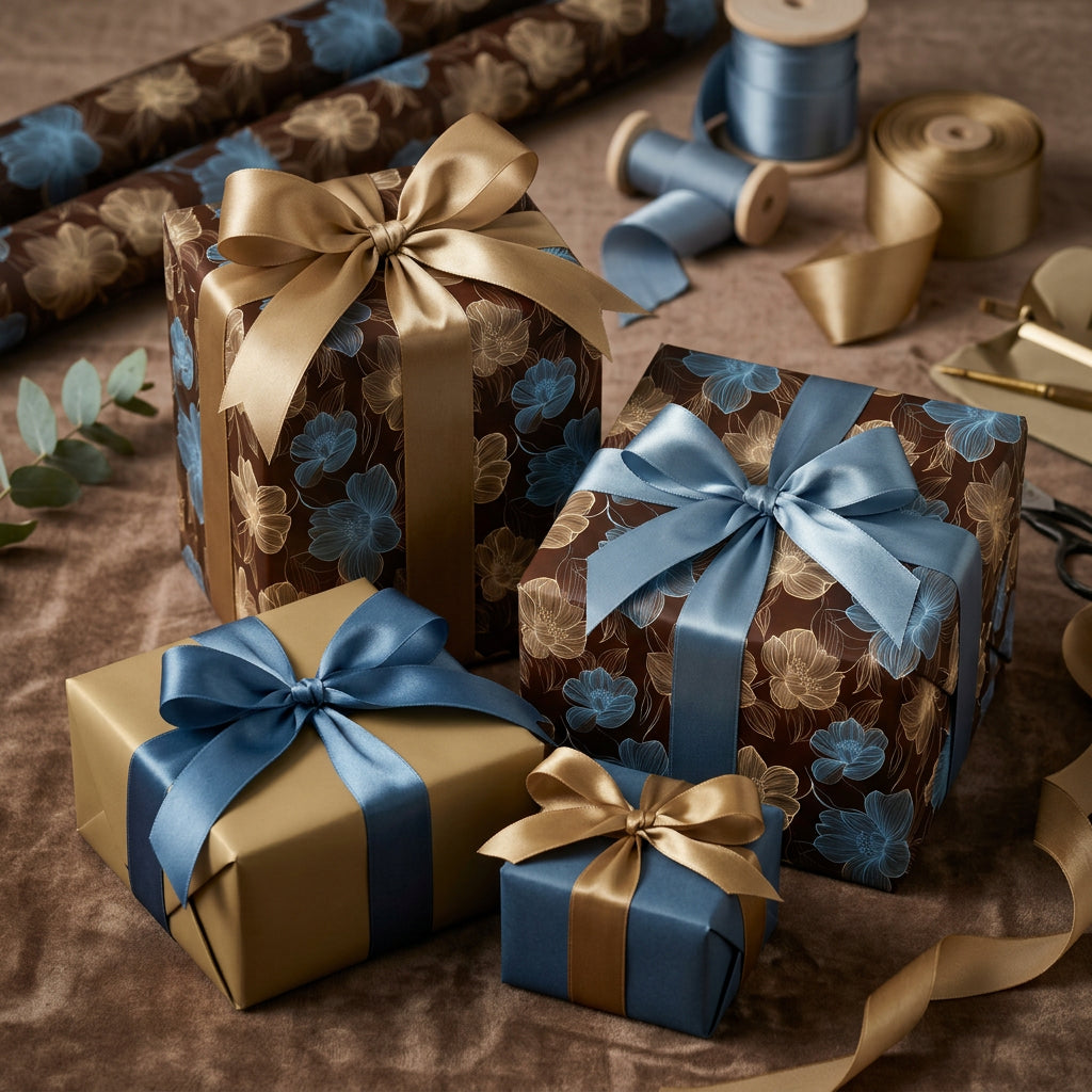 Elegant gifts wrapped in floral wrapping paper and satin ribbon for birthdays or special occasions.