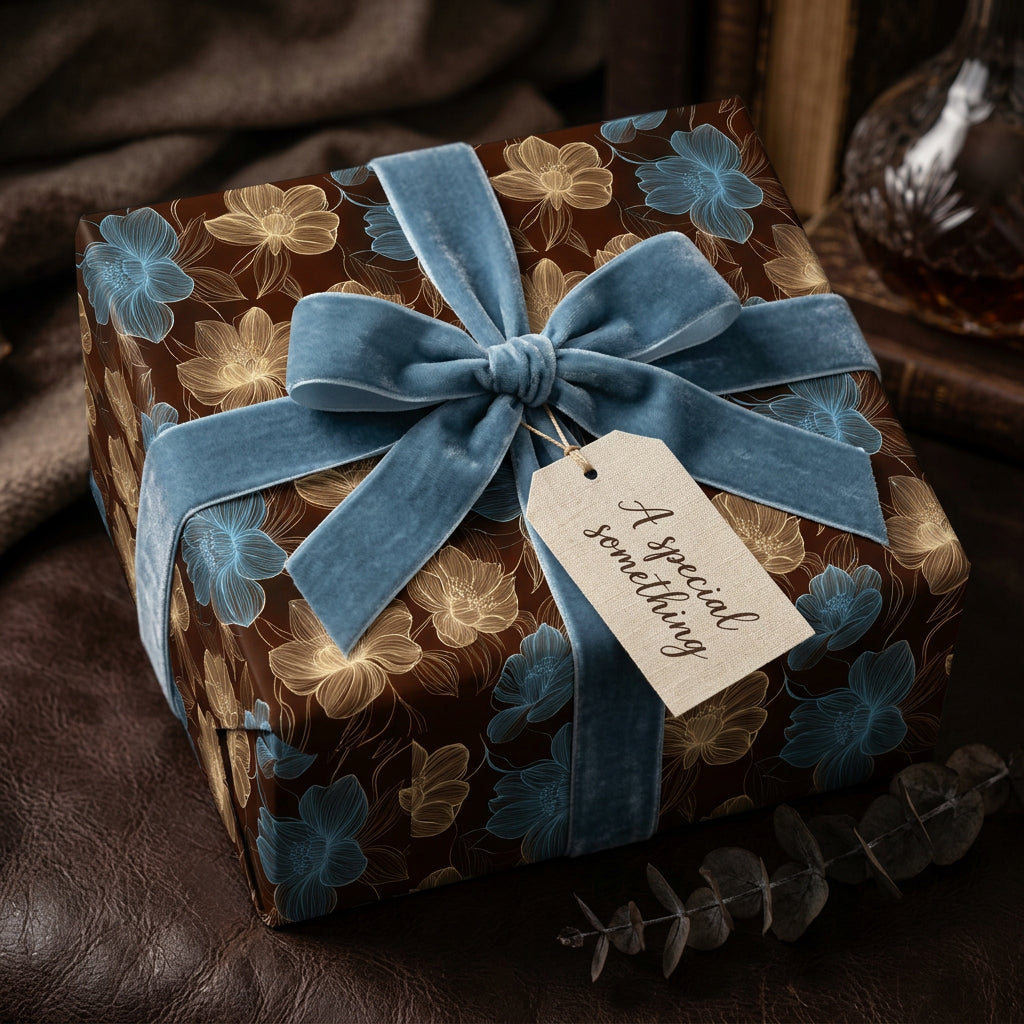 Elegant brown floral wrapping paper with blue velvet ribbon and gift tag.