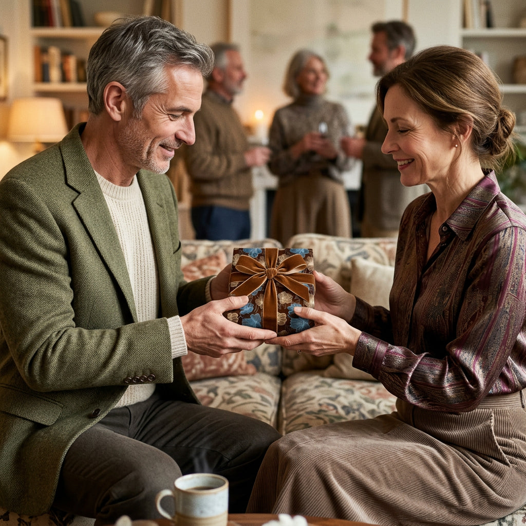 Woman receiving gift wrapped in brown floral wrapping paper with velvet ribbon bow.