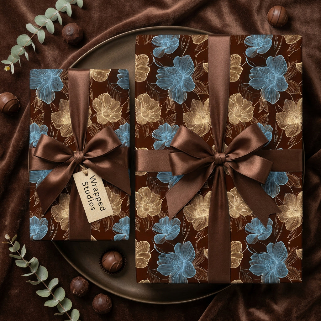 Elegant Wrapped Studios gifts in floral wrapping paper with brown satin ribbons and chocolates.