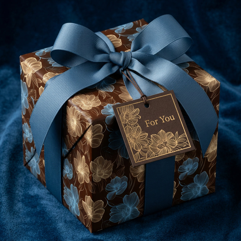 Floral birthday wrapping paper with dusty blue ribbon. Wrapped Studios.