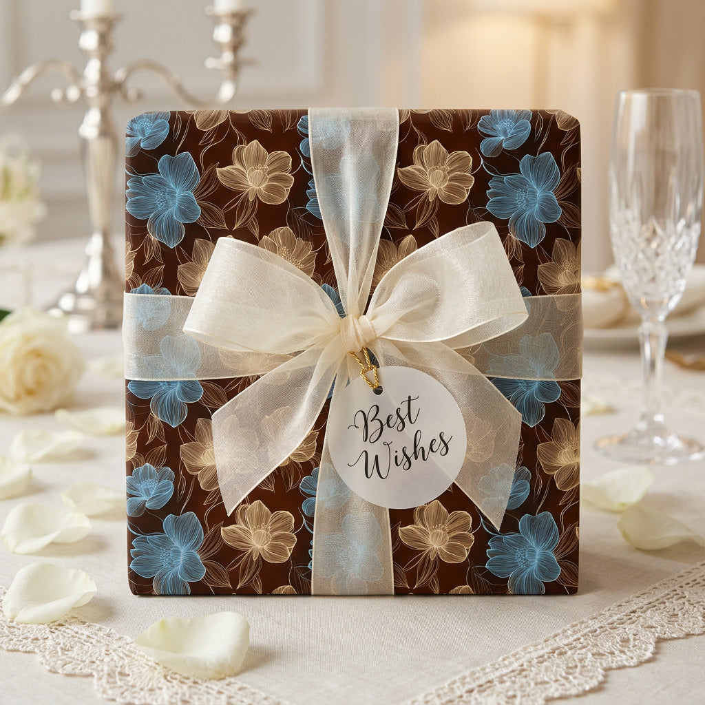 Elegant brown floral wrapping paper, tied with a sheer cream ribbon and "Best Wishes" tag.