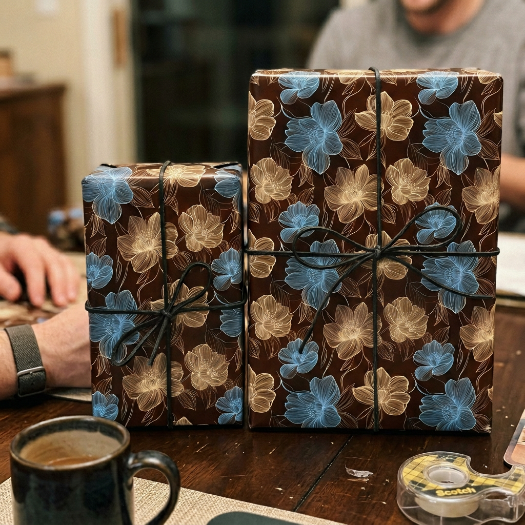 Brown floral wrapping paper with blue and gold flowers tied with black string.