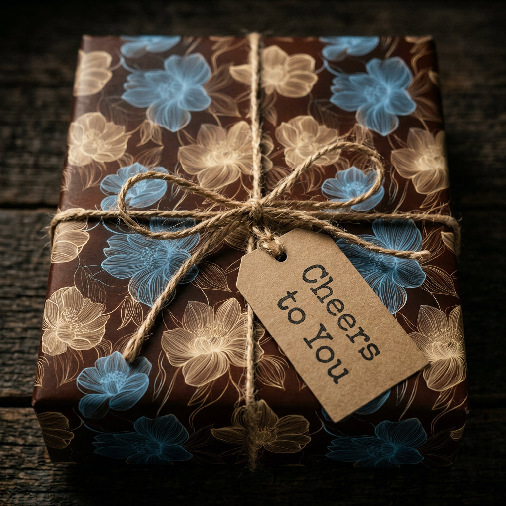 Elegant brown floral wrapping paper with twine bow and "Cheers to You" tag.
