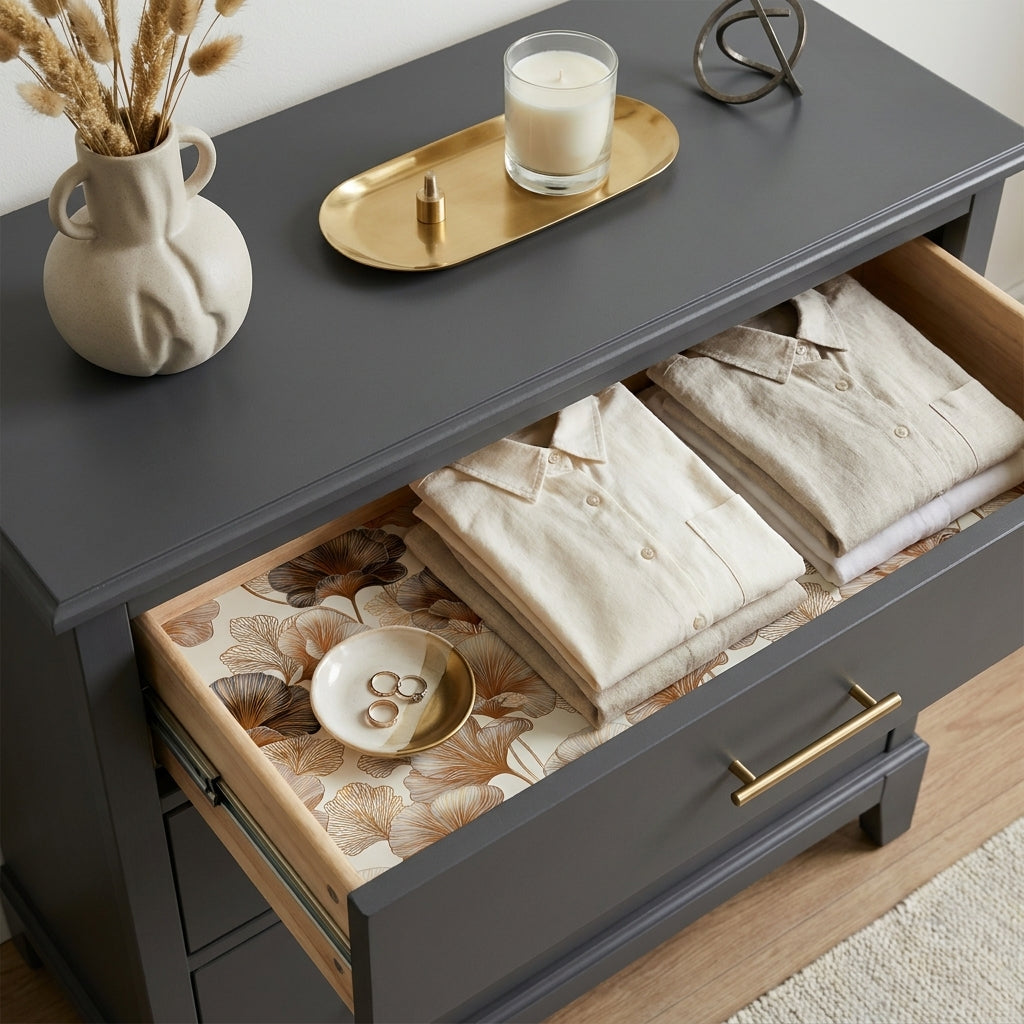 Ginkgo leaf wrapping paper used as an elegant dresser drawer liner by Wrapped Studios.