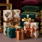 Elegant ginkgo leaf wrapping paper and luxury gift wrap with bronze ribbons by Wrapped Studios.