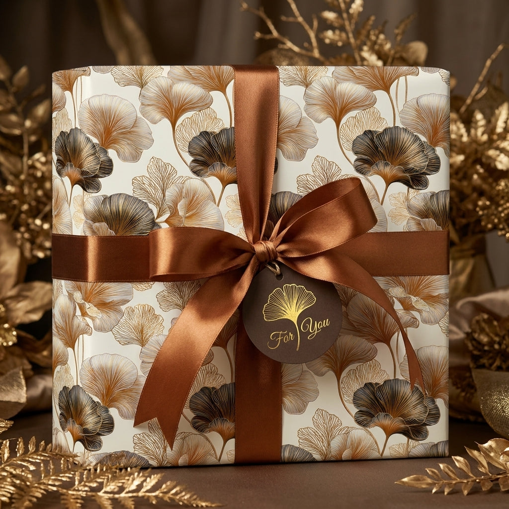 Luxury botanical wrapping paper with gold ginkgo leaf pattern and brown satin bow by Wrapped Studios.