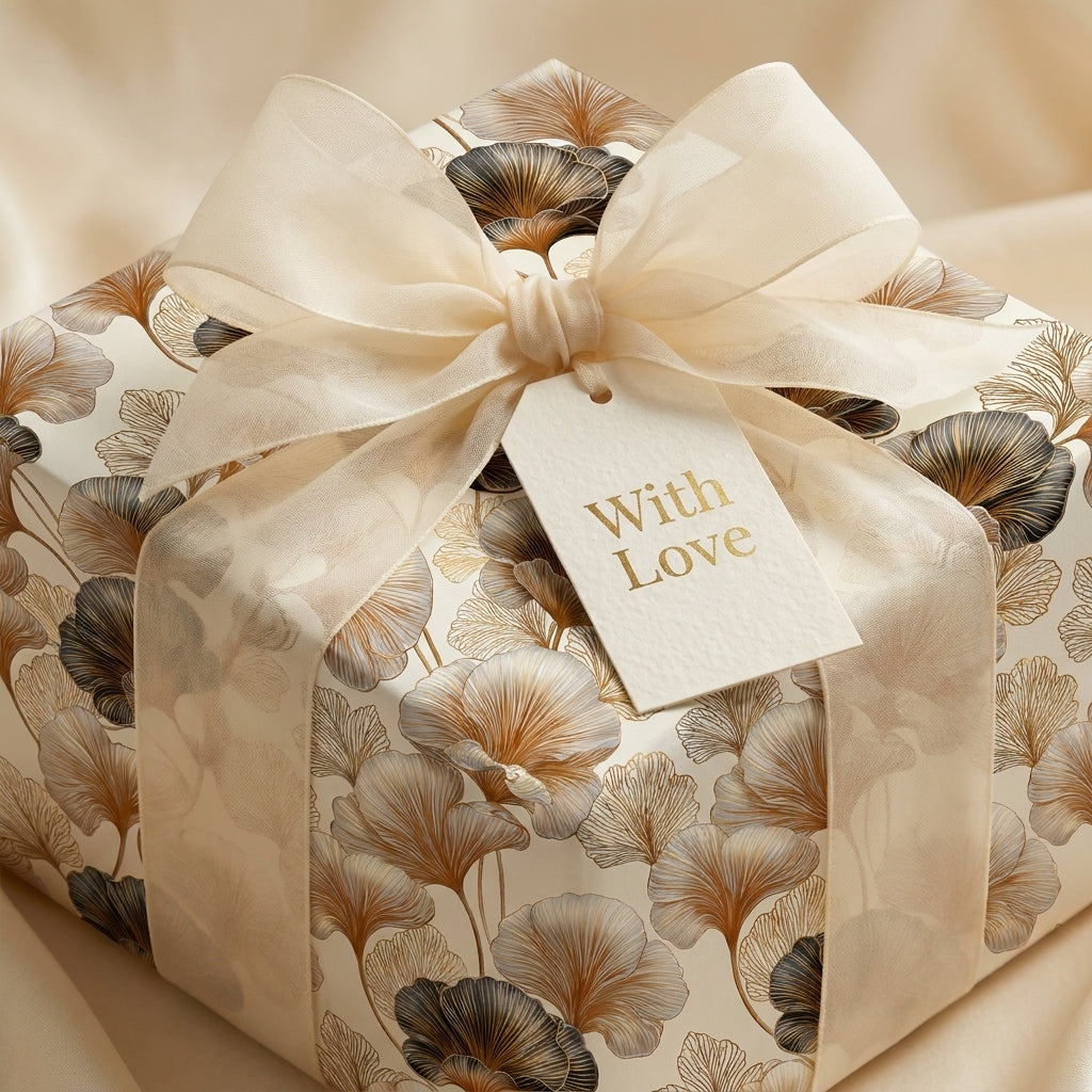 Elegant ginkgo floral wrapping paper with cream ribbon and 'With Love' gift tag by Wrapped Studios.