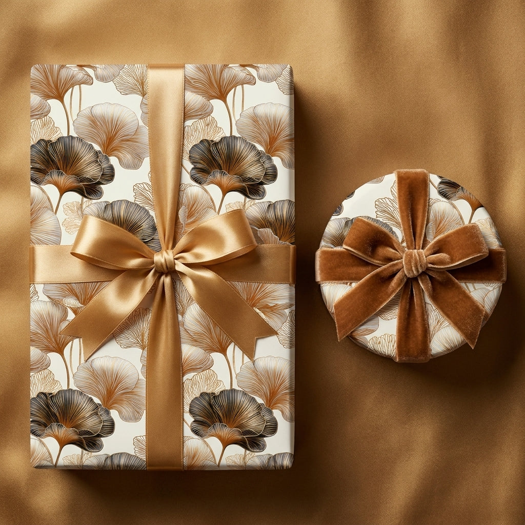 Ginkgo leaf luxury gift wrap on elegant gold wedding gift boxes by Wrapped Studios.