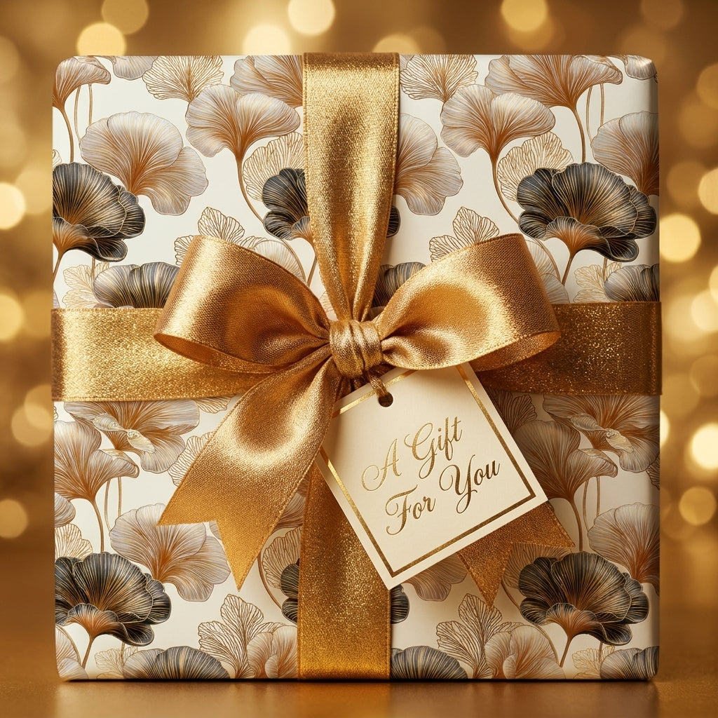 Luxury gold ginkgo floral wrapping paper on a gift box with a satin bow by Wrapped Studios.