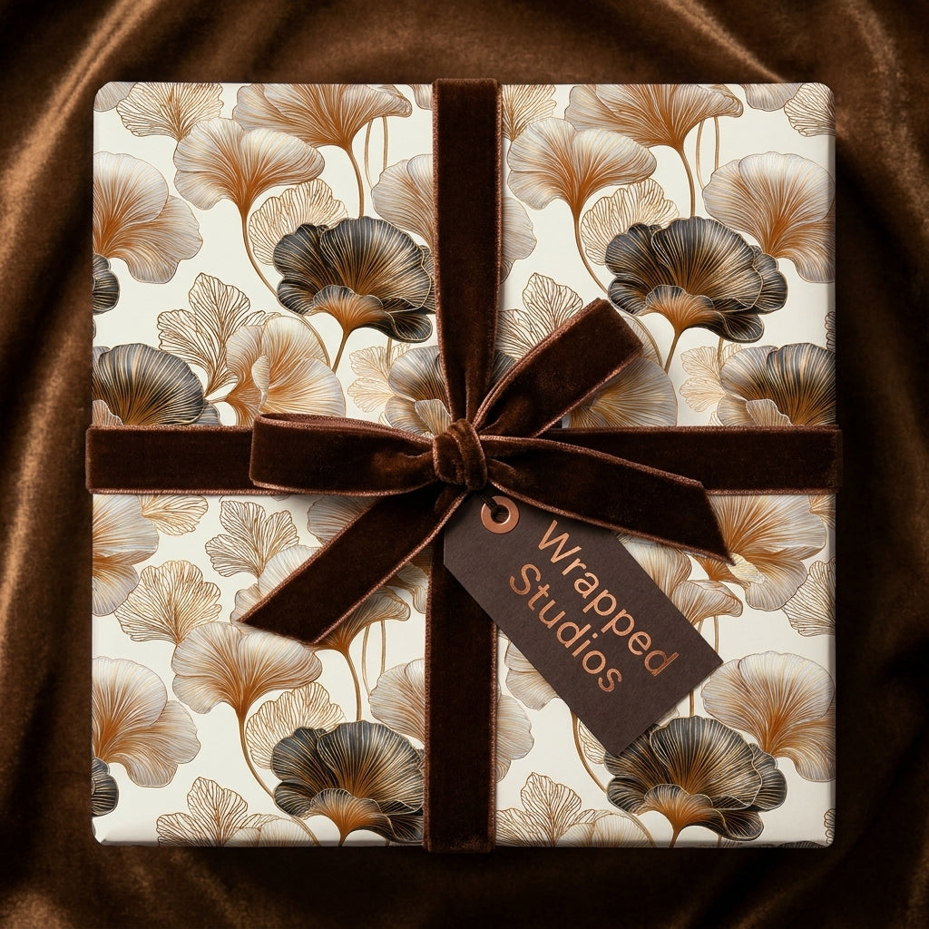 Luxury ginkgo leaf wrapping paper with a brown velvet bow by Wrapped Studios.