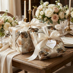 Luxury wedding wrapping paper with gold ginkgo leaf pattern and cream satin ribbon by Wrapped Studios.