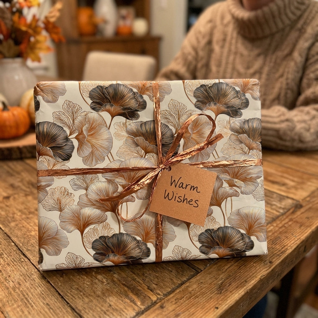 Elegant ginkgo botanical wrapping paper with copper ribbon and Warm Wishes tag by Wrapped Studios.