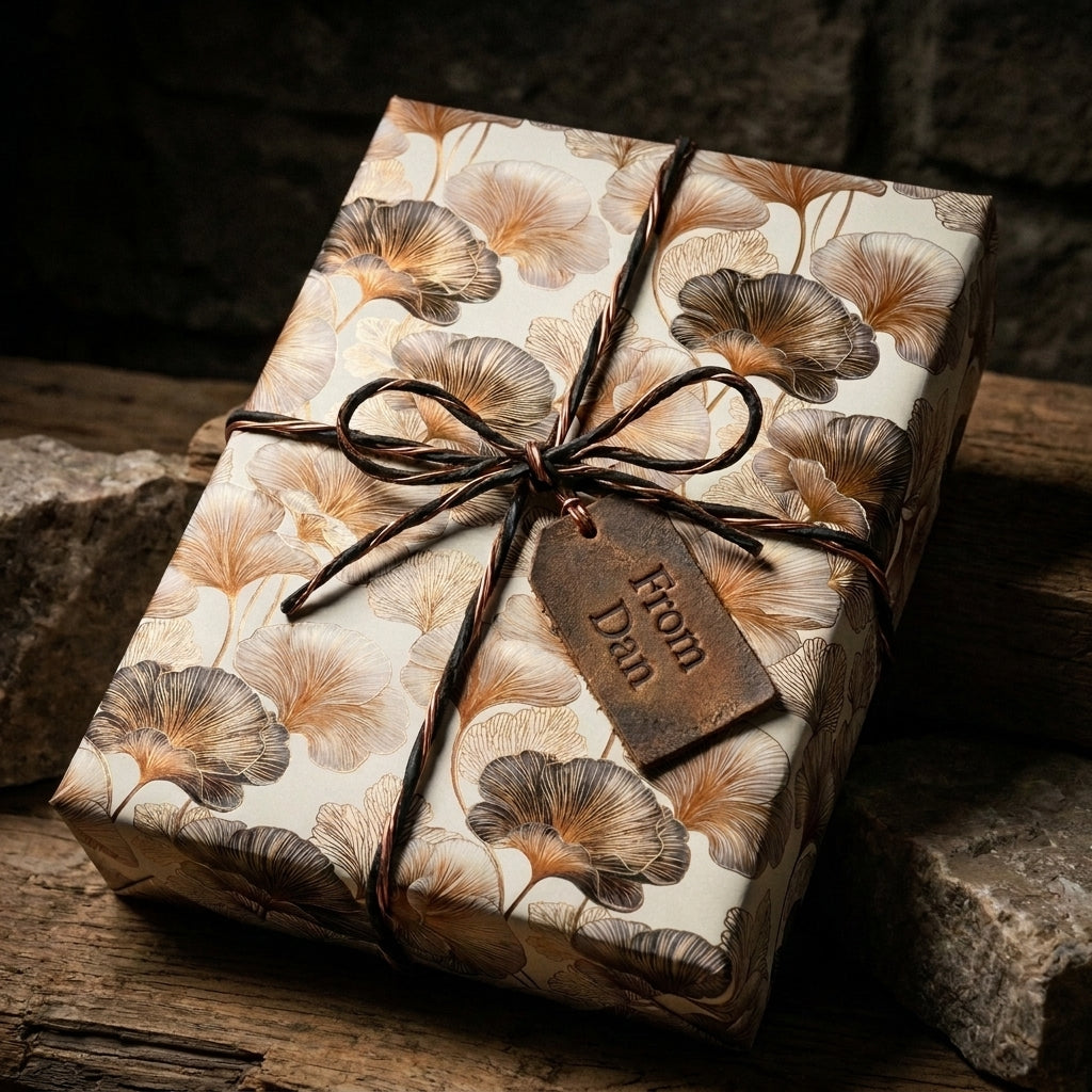 Luxury botanical wrapping paper with a gold ginkgo leaf pattern on a rustic gift by Wrapped Studios.