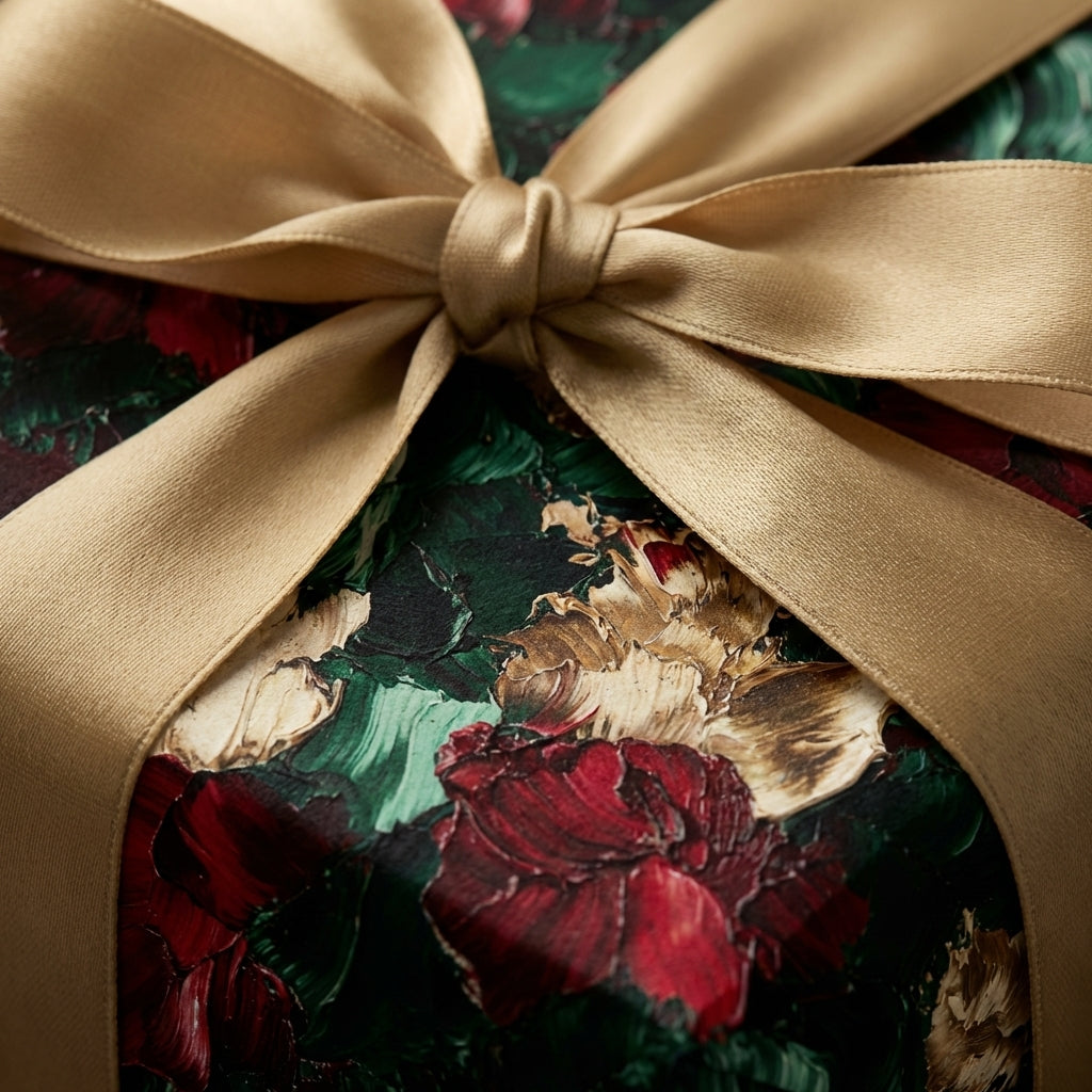 Elegant red & green impasto floral wrapping paper for Christmas with a beautiful gold satin bow. Wrapped Studios.