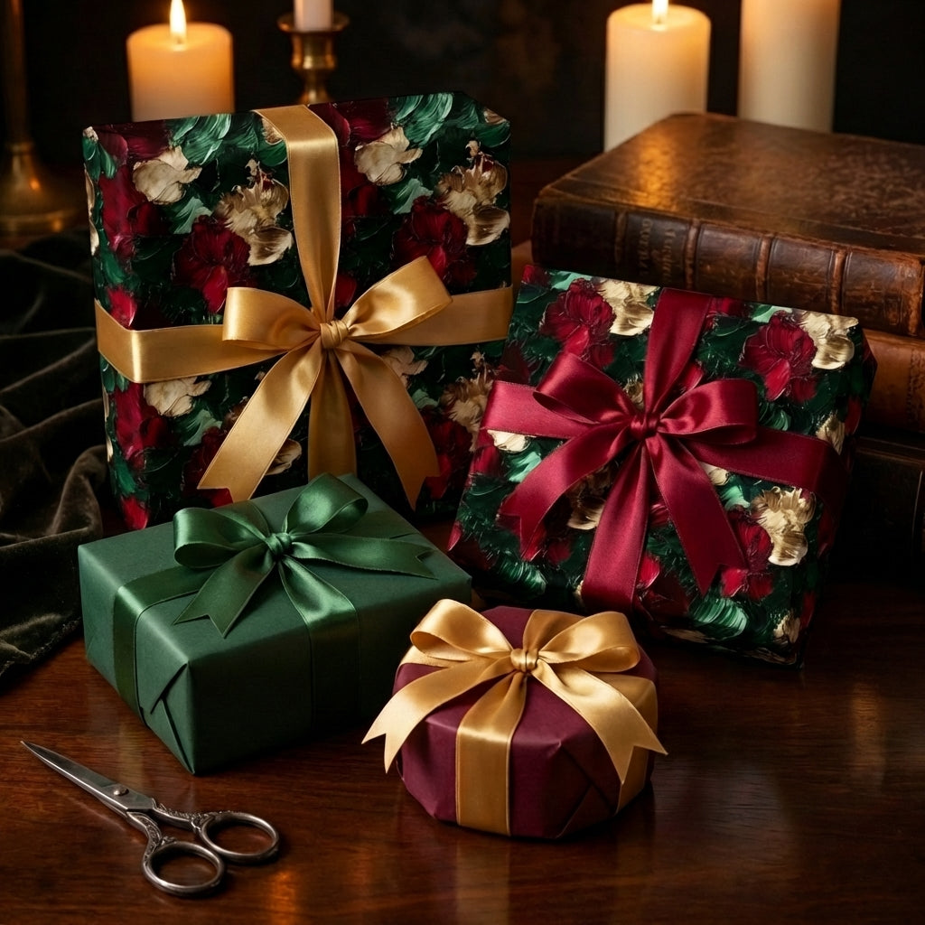 Luxury Christmas floral wrapping paper in deep red, green, and gold, tied with satin ribbons. Wrapped Studios.