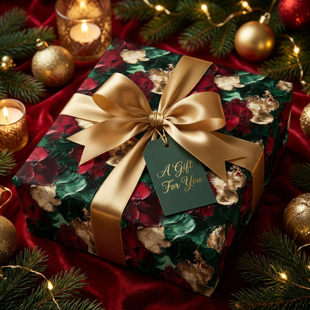 Festive luxury Christmas gift wrap in deep red & green brushstroke floral, adorned with a golden ribbon & tag.