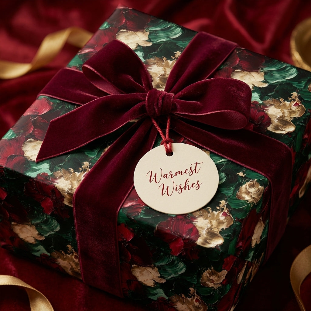 Wrapped Studios luxury holiday gift wrap: abstract red, green, gold floral pattern, burgundy velvet bow, "Warmest Wishes" tag.