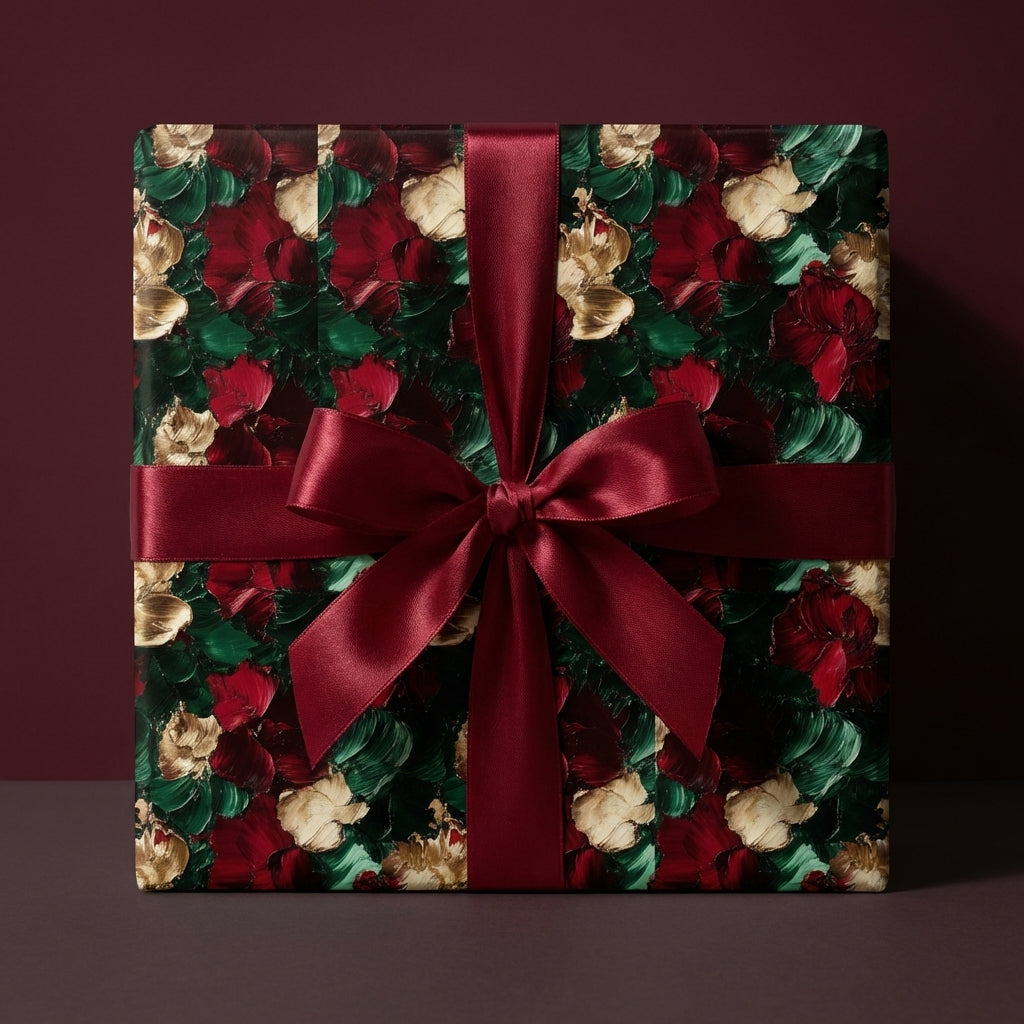 Wrapped Studios' luxury Christmas wrapping paper with painterly red, green, gold floral print & deep red satin bow.