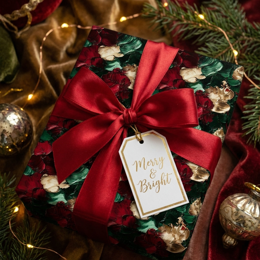 Wrapped Studios festive red & green floral Christmas wrapping paper with a red bow & "Merry & Bright" gift tag.