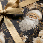 Vintage Santa wrapping paper with elegant gold ribbon, luxury Christmas gift wrap by Wrapped Studios.
