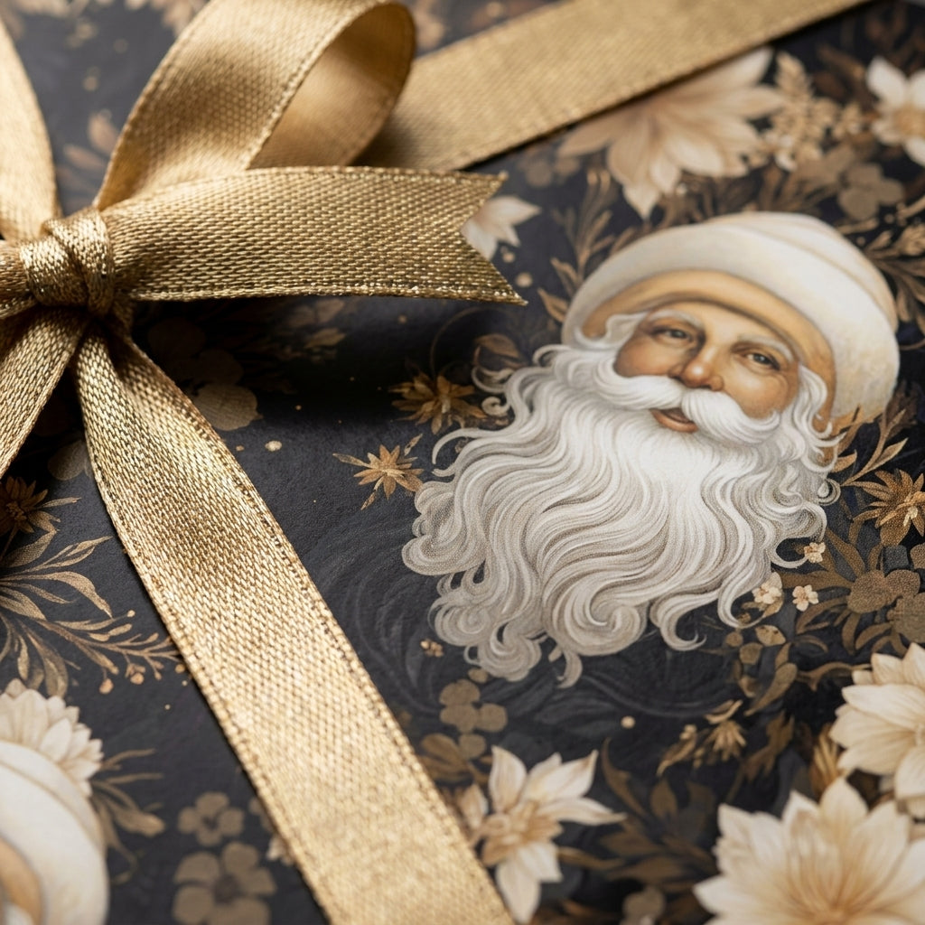 Vintage Santa wrapping paper with elegant gold ribbon, luxury Christmas gift wrap by Wrapped Studios.