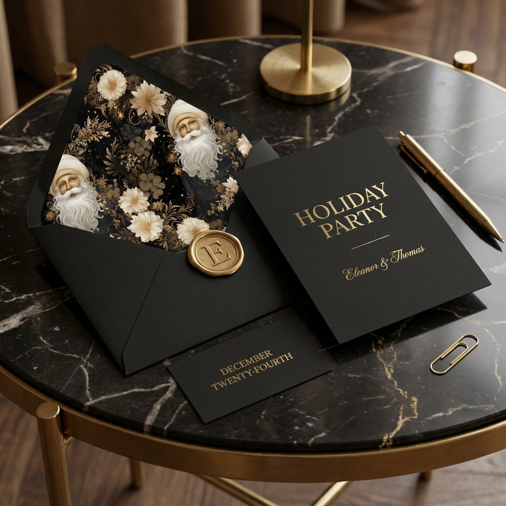 Elegant black gold holiday party invitation with vintage Santa Claus envelope liner by Wrapped Studios.