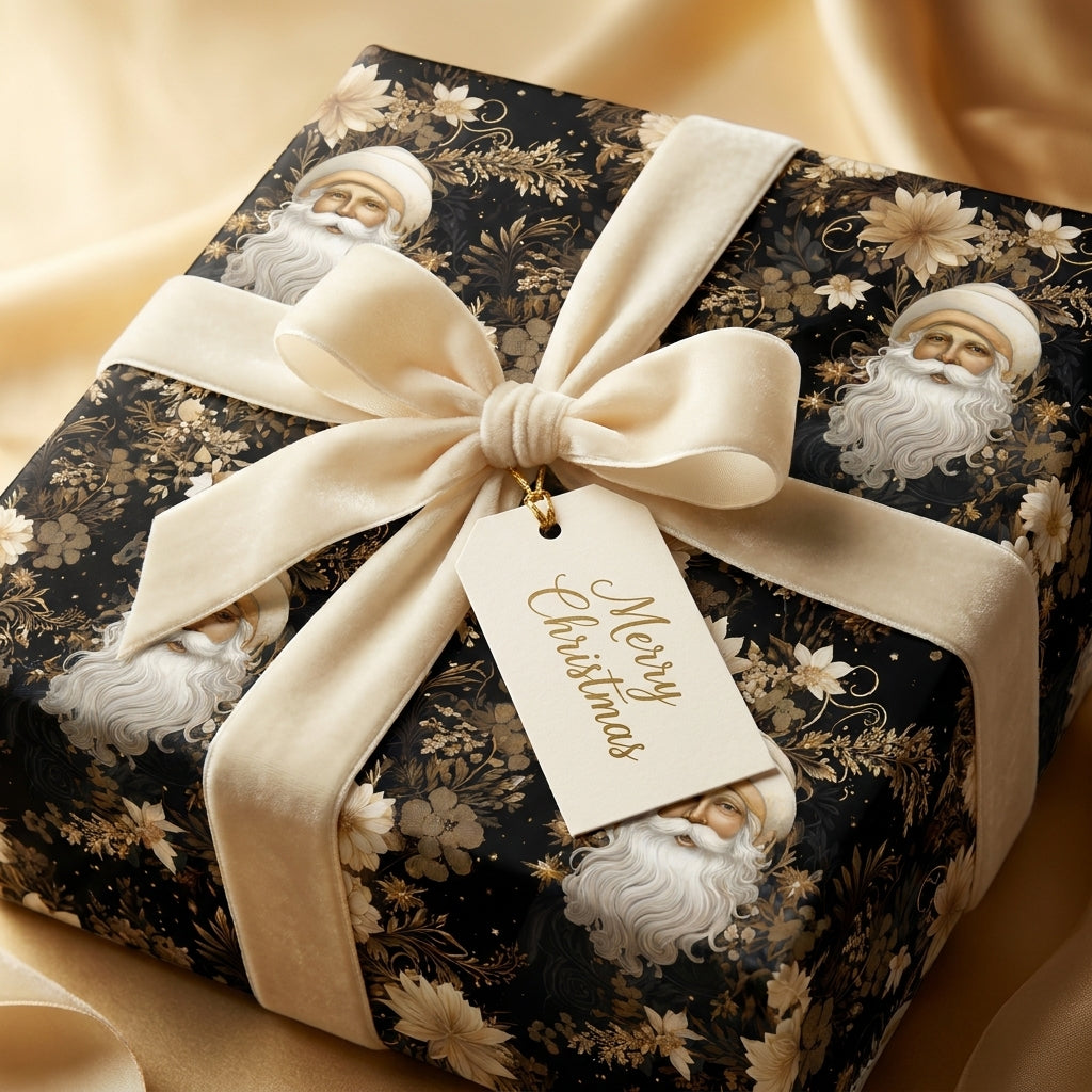 Vintage Santa luxury Christmas gift wrap with cream velvet ribbon by Wrapped Studios.