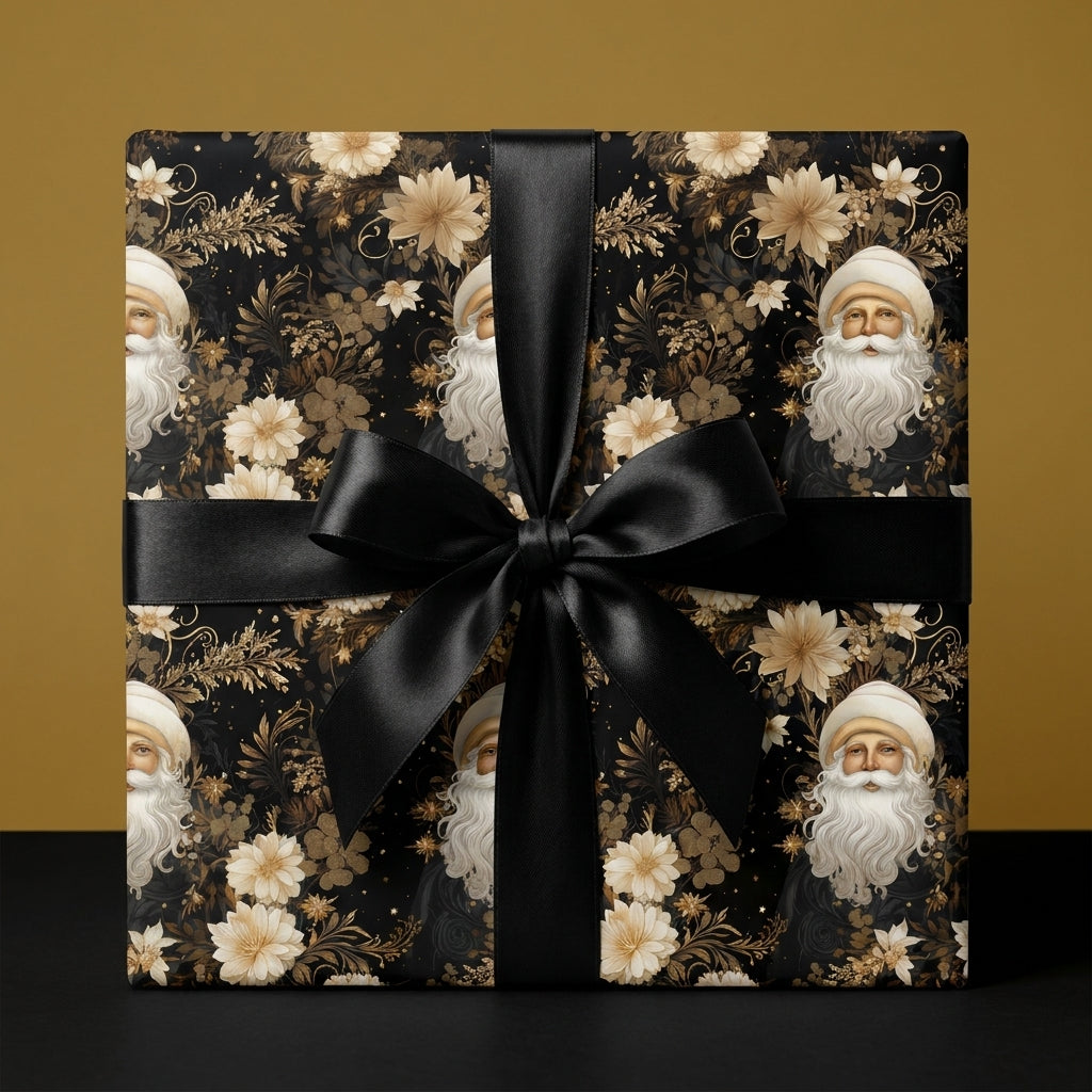 Luxury vintage Santa Christmas wrapping paper in black and gold with a satin bow by Wrapped Studios.