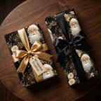 Luxury black and gold vintage Santa Christmas wrapping paper by Wrapped Studios, tied with elegant satin bows.