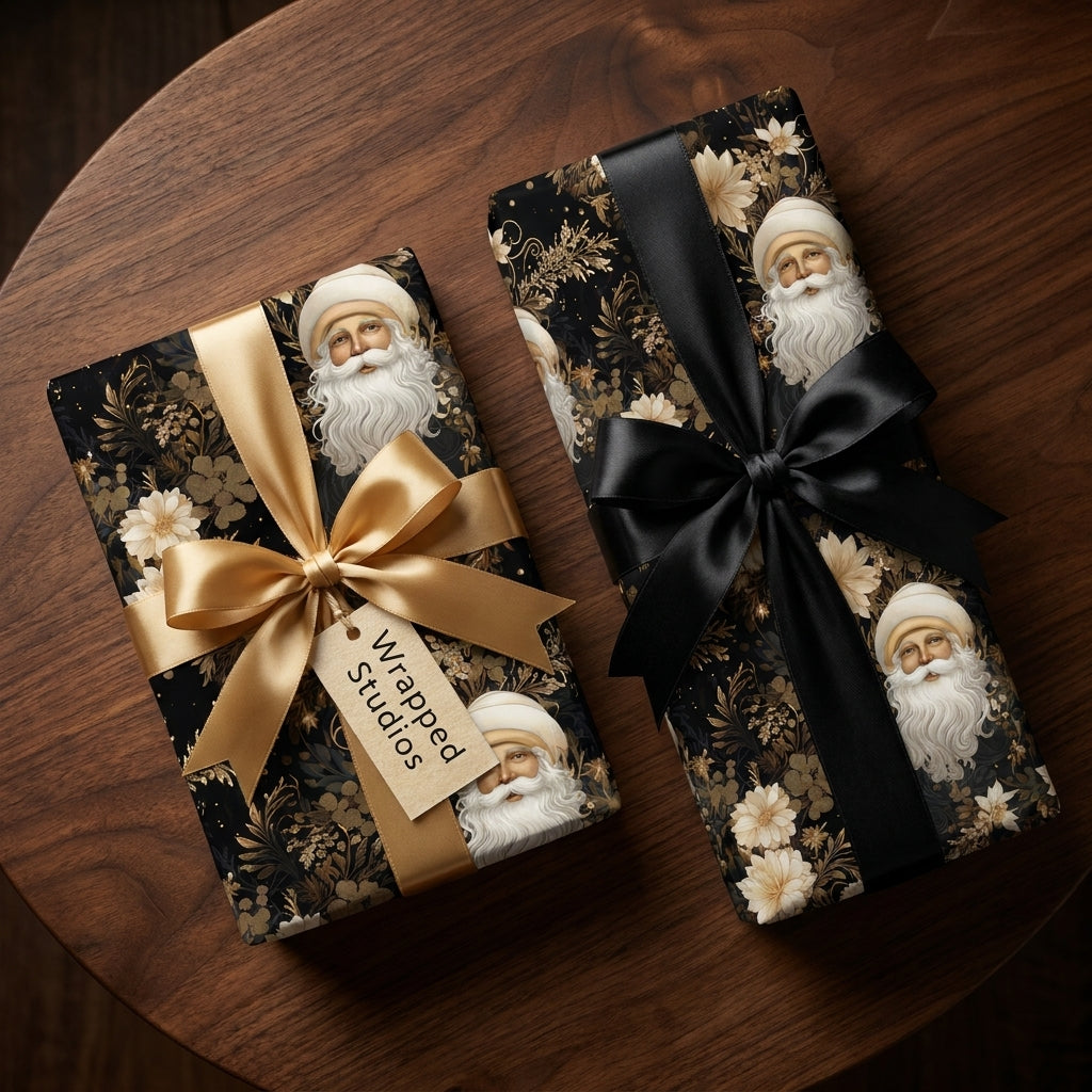 Luxury black and gold vintage Santa Christmas wrapping paper by Wrapped Studios, tied with elegant satin bows.