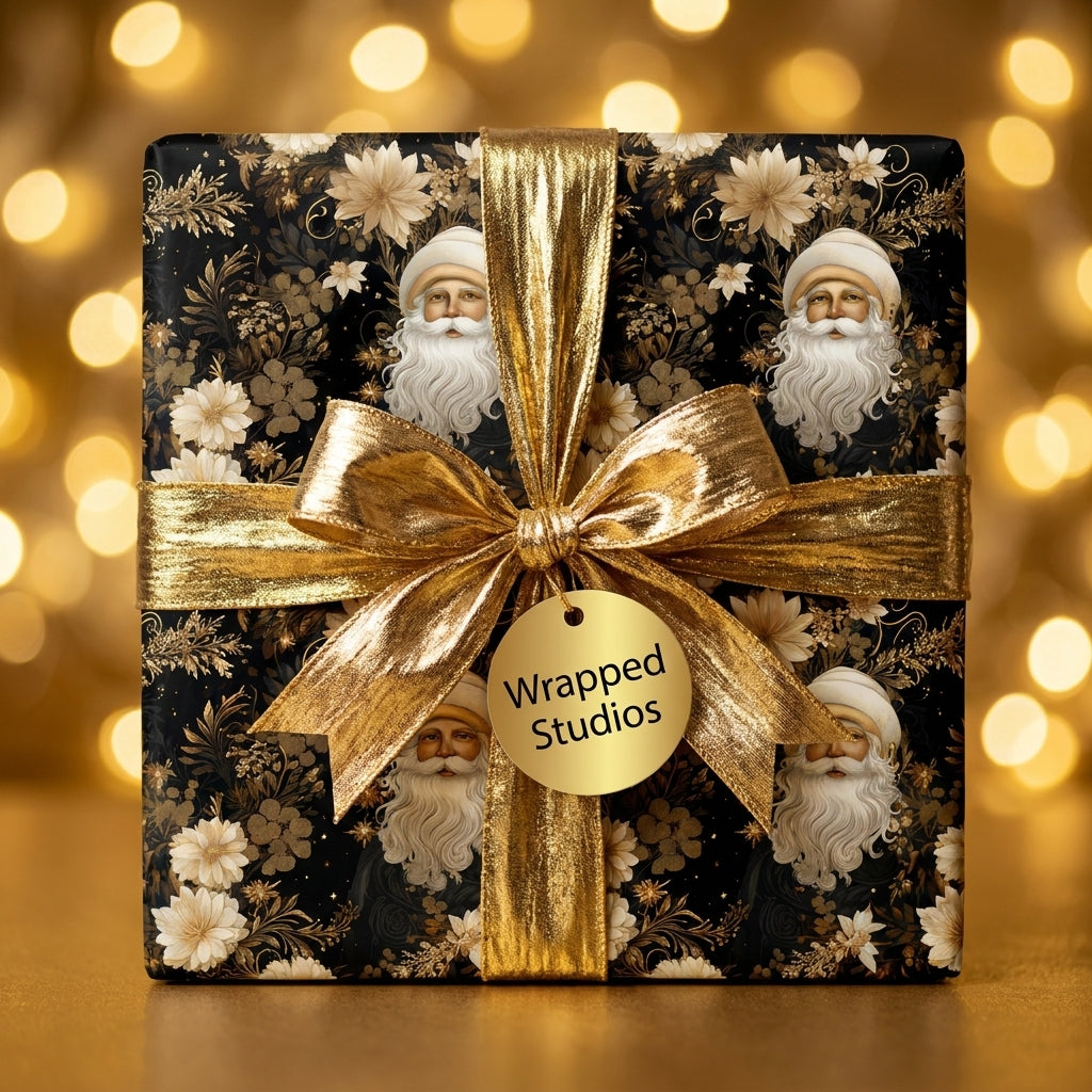 Black and gold vintage Santa Christmas wrapping paper with a metallic gold bow, by Wrapped Studios.