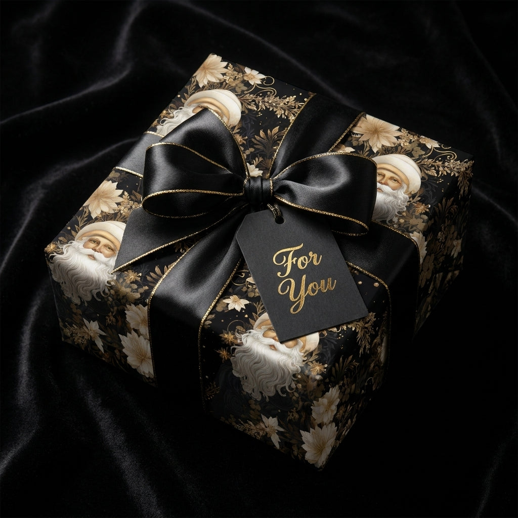 Luxury black and gold Santa Christmas wrapping paper with a satin bow, by Wrapped Studios.