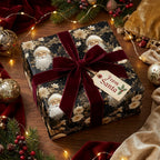 Luxury vintage Christmas wrapping paper with Santa print and a burgundy velvet bow by Wrapped Studios.