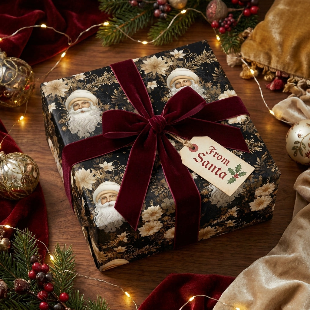 Luxury vintage Christmas wrapping paper with Santa print and a burgundy velvet bow by Wrapped Studios.